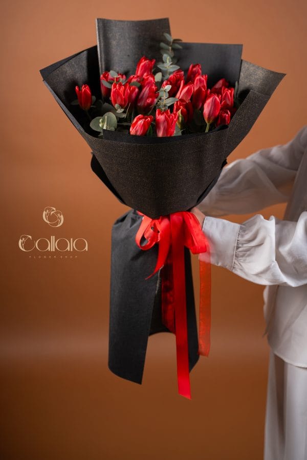 Red Tulip Hand Tied Bouquet in Black Wrap